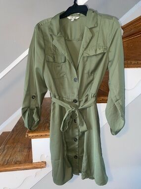 Tie-Waist Trench Dress in Olive Green
